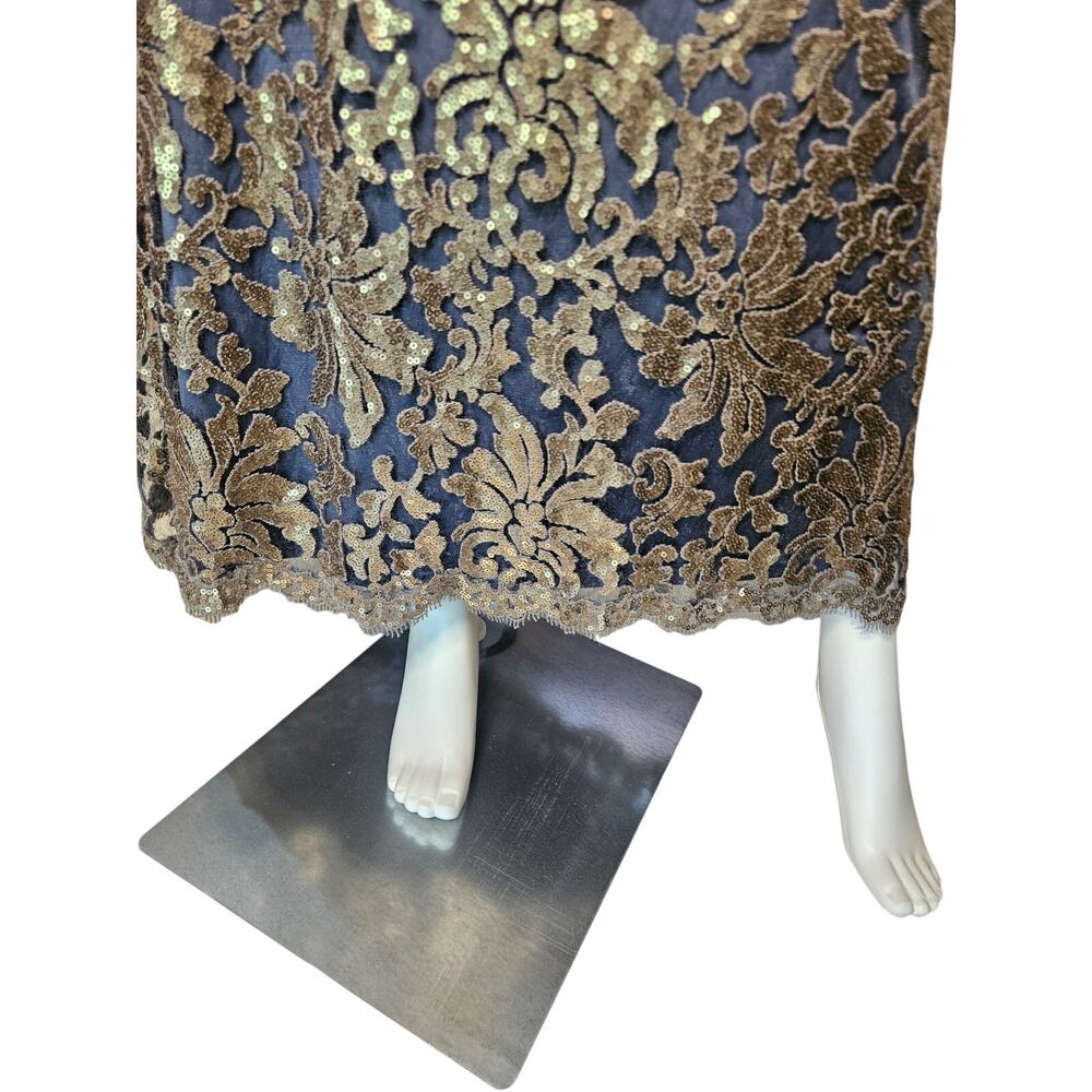 Tadashi Shoji Navy Gold Sequin Maxi Dress Sz6 Metallic Lace Overlay Formal Gown - Picture 6 of 9